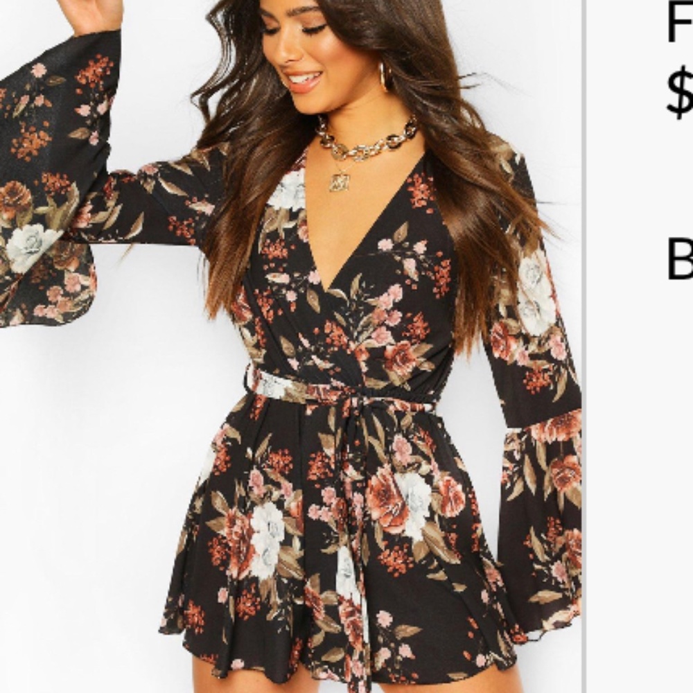 Floral Flared Sleeve Tie Waist Playsuit
